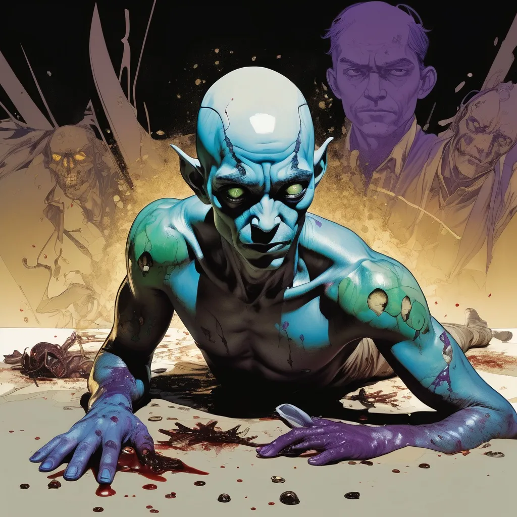 Prompt: Double-exposure; high-angle view of fallen glossy (abe sapien: 1.0) with dead eyes, on the ground, shot through the head; blood spatter; Pablo Amaringo; intense blacks, nighttime; sepia, amber, golden brown, blue-grey, green, cold purple neon light; sergio toppi, jae lee, david mack, joe chiodo, humberto ramos, Makoto Shinkai, J.C. Leyendecker, ilya Kuvshinov, Royo, Karol Bak, Alphonse Mucha, Jordan Grimmer, Greg Rutkowski