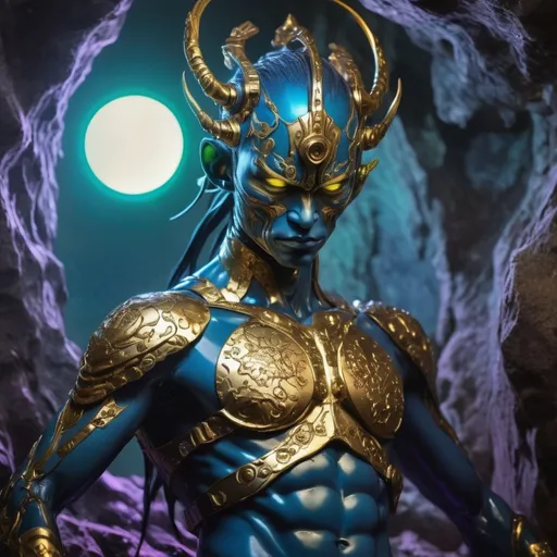 Prompt: Double-exposure; high-angle glossy (abe sapien: 1.0) Sun Wukong 孙悟空 in gold and vintage blue intricate glass armor, dynamic pose, glowering expression, waterfalls, intense blacks, nighttime; sepia, amber, golden brown, blue-grey, green, cold purple neon light; sergio toppi, jae lee, david mack, joe chiodo, humberto ramos, Makoto Shinkai, J.C. Leyendecker, ilya Kuvshinov, Royo, Karol Bak, Alphonse Mucha, Jordan Grimmer, Greg Rutkowski