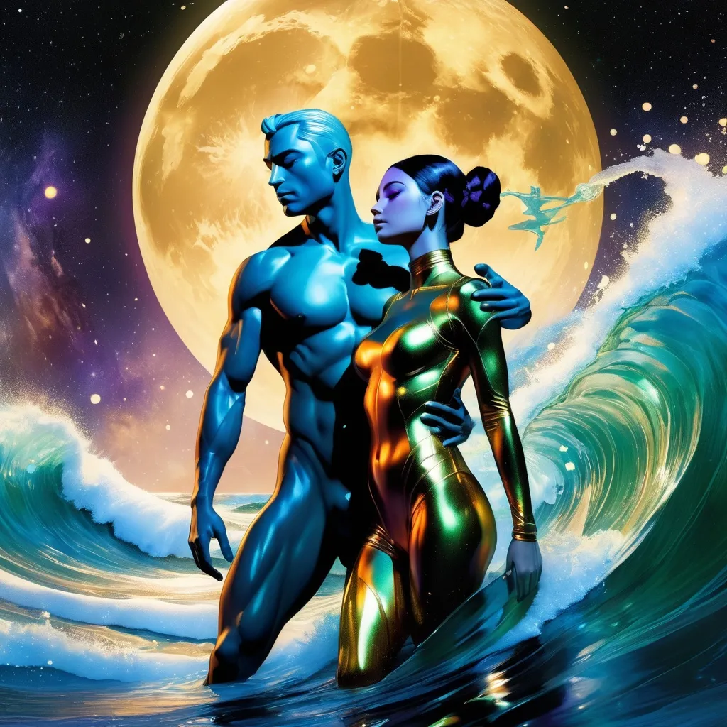 Prompt: Double-exposure; low-angle; panoramic, zoomed out, full body view of an (( glossy (abe sapien: 1.0) in the waves)) completely merging, intermixing and coccooning with ((a glossy (amber-skinned elf-soldier:1.3) into its body; holographic astral cosmic illustration mixed media; Pablo Amaringo; intense blacks, nighttime; sepia, amber, golden brown, blue-grey, green, cold purple neon light; sergio toppi, jae lee, david mack, joe chiodo, humberto ramos, Makoto Shinkai, J.C. Leyendecker, ilya Kuvshinov, Royo, Karol Bak, Alphonse Mucha, Jordan Grimmer, Greg Rutkowski