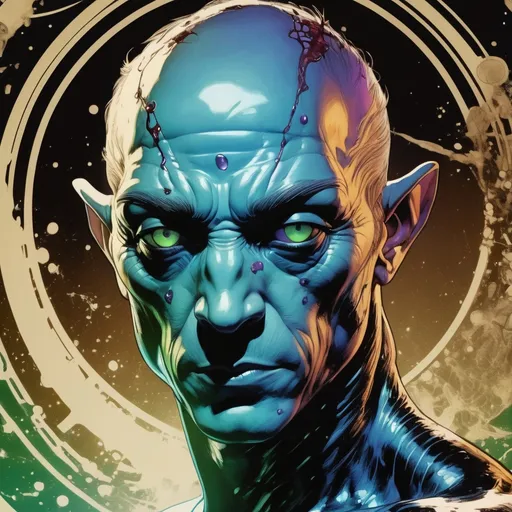 Prompt: Double-exposure; close up view of glossy (abe sapien: 1.0) shot through the head; blood spatter; Pablo Amaringo; intense blacks, nighttime; sepia, amber, golden brown, blue-grey, green, cold purple neon light; sergio toppi, jae lee, david mack, joe chiodo, humberto ramos, Makoto Shinkai, J.C. Leyendecker, ilya Kuvshinov, Royo, Karol Bak, Alphonse Mucha, Jordan Grimmer, Greg Rutkowski