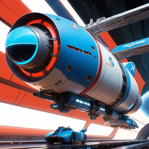 Prompt: futuristic space-station, elongated cylyndrical form, rear jets in neon-blue, railguns mounted on gimbals, (rocinante from the expanse:1.3), octane render, panels, complex, intricate details; tertiary white_black_red colors, luminescent, highly detailed, maximalist; Lee Fitzgerald, J.C. Leyendecker, ilya Kuvshinov, Royo, Karol Bak, Alphonse Mucha, Jordan Grimmer, Greg Rutkowski