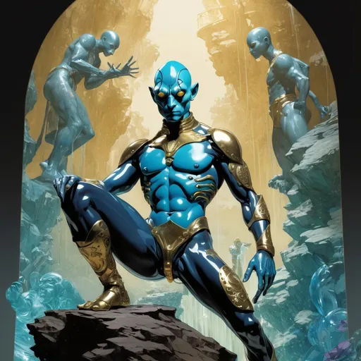 Prompt: Double-exposure; high-angle; panoramic, zoomed out, full body view of army of glossy (abe sapien: 1.0) in gold and vintage blue intricate glass armor, dynamic poses, different faces, differing expressions, waterfalls, intense blacks, nighttime; sepia, amber, golden brown, blue-grey, green, cold purple neon light; sergio toppi, jae lee, david mack, joe chiodo, humberto ramos, Makoto Shinkai, J.C. Leyendecker, ilya Kuvshinov, Royo, Karol Bak, Alphonse Mucha, Jordan Grimmer, Greg Rutkowski