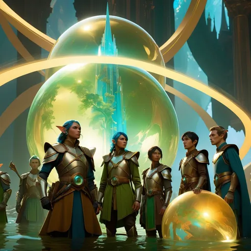 Prompt: double-exposure, low-angle panorama, group of glowering goblin-diplomats with elf-ears,  holographic orb, hud screens; arguing with (water genasi:1.0) diplomats, facing away from camera, dynamic poses, motion capture, varied military tailcoats, empire dresses, glass armor; sepia, amber, golden brown, YInMn-blue, green, blacklight; detailed, cinematic, photorealistic, maximalist; ambient occlusion, dramatic lighting, ray tracing, beautiful composition, deep depth of view; sergio toppi, jae lee, david mack, joe chiodo, humberto ramos, Makoto Shinkai, J.C. Leyendecker, ilya Kuvshinov, Royo, Karol Bak, Alphonse Mucha, Jordan Grimmer, Greg Rutkowski