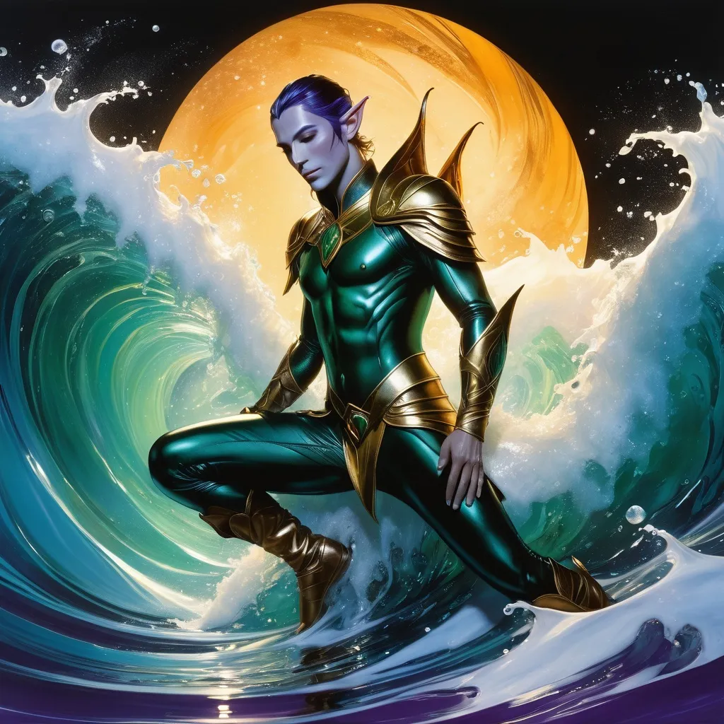 Prompt: Double-exposure; high-angle; panoramic, zoomed out, full body view of a ((a glossy (amber-skinned elf-soldier:1.3))) completely melding, in a cocoon with (( glossy (abe sapien: 1.0) in the waves)); (merging bodies, ooze, silk strands, webs of gunk:1.3); holographic astral cosmic illustration mixed media; Pablo Amaringo; intense blacks, nighttime; sepia, amber, golden brown, blue-grey, green, cold purple neon light; sergio toppi, jae lee, david mack, joe chiodo, humberto ramos, Makoto Shinkai, J.C. Leyendecker, ilya Kuvshinov, Royo, Karol Bak, Alphonse Mucha, Jordan Grimmer, Greg Rutkowski