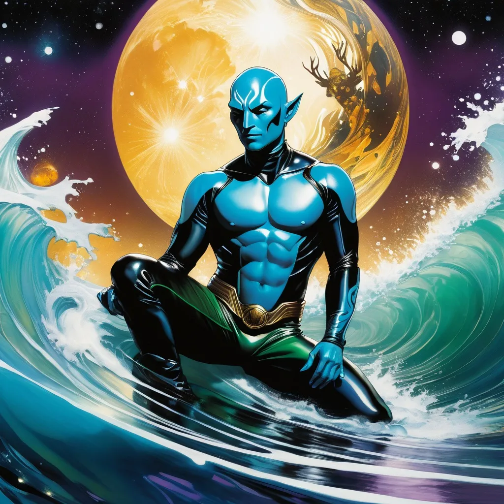 Prompt: Double-exposure; low-angle; panoramic, zoomed out, full body view of an (( glossy (abe sapien: 1.0) in the waves)) merging and coccooning with ((a glossy (amber-skinned elf-soldier:1.3) into its body; holographic astral cosmic illustration mixed media; Pablo Amaringo; intense blacks, nighttime; sepia, amber, golden brown, blue-grey, green, cold purple neon light; sergio toppi, jae lee, david mack, joe chiodo, humberto ramos, Makoto Shinkai, J.C. Leyendecker, ilya Kuvshinov, Royo, Karol Bak, Alphonse Mucha, Jordan Grimmer, Greg Rutkowski