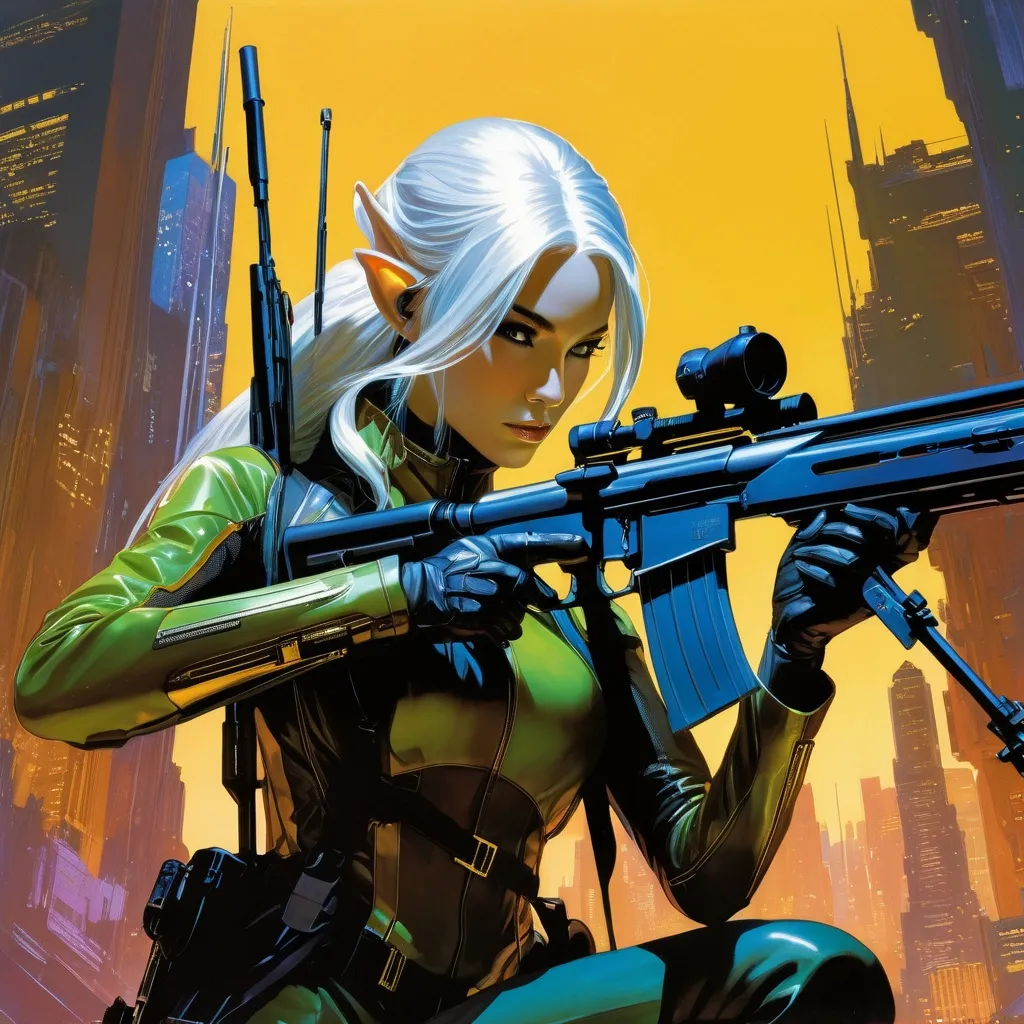 Prompt: double exposure; glossy elf, long ears, silver hair, mottled ebony skin, sniper's exosuit and rifle (looking down the rifle sights:1.0), on precipice, dynamic pose, glowering expression, intense blacks, nighttime; sepia, amber, golden brown, blue-grey, green, cold purple neon light; sergio toppi, jae lee, david mack, joe chiodo, humberto ramos, Makoto Shinkai, J.C. Leyendecker, ilya Kuvshinov, Royo, Karol Bak, Alphonse Mucha, Jordan Grimmer, Greg Rutkowski