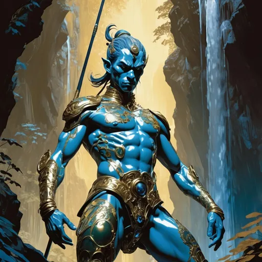 Prompt: Double-exposure; high-angle glossy (abe sapien: 1.0) Sun Wukong 孙悟空 in gold and vintage blue intricate glass armor, dynamic pose, glowering expression, waterfalls, intense blacks, nighttime; sepia, amber, golden brown, blue-grey, green, cold purple neon light; sergio toppi, jae lee, david mack, joe chiodo, humberto ramos, Makoto Shinkai, J.C. Leyendecker, ilya Kuvshinov, Royo, Karol Bak, Alphonse Mucha, Jordan Grimmer, Greg Rutkowski