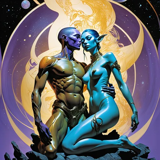 Prompt: Double-exposure; low-angle; panoramic, zoomed out, full body view of glossy (abe sapiens: 1.0) and (amber-skinned elf-soldiers:1.3) embracing, entangled, intertwined, intermixing into a singly body; holographic astral cosmic illustration mixed media; Pablo Amaringo; intense blacks, nighttime; sepia, amber, golden brown, blue-grey, green, cold purple neon light; sergio toppi, jae lee, david mack, joe chiodo, humberto ramos, Makoto Shinkai, J.C. Leyendecker, ilya Kuvshinov, Royo, Karol Bak, Alphonse Mucha, Jordan Grimmer, Greg Rutkowski