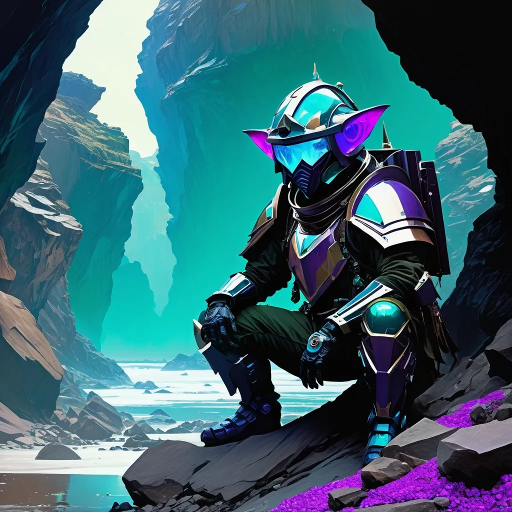 Prompt: Double exposure; glossy grizzled goblin warlock teal-colored mottled skin, crouching beneath armored helmet looking up at caves full of feldspar crystals, futuristic exosuit, various poses, expressions, intense blacks, exposed_rocks with black layer; waxy_purple_amber_green , detailed, futuristic, photorealistic, maximalist; Makoto Shinkai, J.C. Leyendecker, ilya Kuvshinov, Royo, Karol Bak, Alphonse Mucha, Jordan Grimmer, Greg Rutkowski