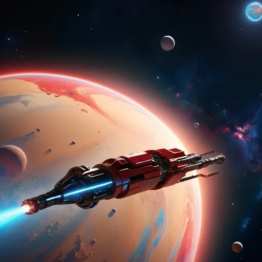 Prompt: futuristic spacecraft in space, elongated geometric form, rear jets in neon-blue, railguns mounted on gimbals, (rocinante from the expanse:1.3), octane render, panels, complex, intricate details; background of blue gas giant; tertiary white_black_red colors, luminescent, highly detailed, maximalist; Lee Fitzgerald, J.C. Leyendecker, ilya Kuvshinov, Royo, Karol Bak, Alphonse Mucha, Jordan Grimmer, Greg Rutkowski