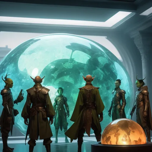 Prompt: double-exposure, low-angle panorama, group of glowering goblin-diplomats with elf-ears,  holographic orb, hud screens; arguing with (water genasi:1.0) diplomats, facing away from camera, dynamic poses, motion capture, varied military tailcoats, empire dresses, glass armor; sepia, amber, golden brown, YInMn-blue, green, blacklight; detailed, cinematic, photorealistic, maximalist; ambient occlusion, dramatic lighting, ray tracing, beautiful composition, deep depth of view; sergio toppi, jae lee, david mack, joe chiodo, humberto ramos, Makoto Shinkai, J.C. Leyendecker, ilya Kuvshinov, Royo, Karol Bak, Alphonse Mucha, Jordan Grimmer, Greg Rutkowski