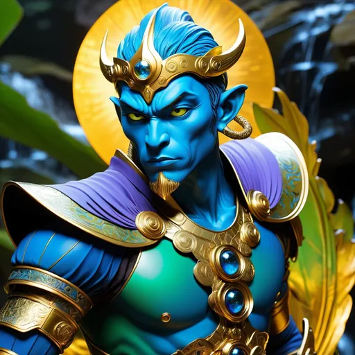 Prompt: Double-exposure; high-angle glossy (abe sapien: 1.0) Sun Wukong 孙悟空 in gold and vintage blue intricate glass armor, dynamic pose, glowering expression, waterfalls, intense blacks, nighttime; sepia, amber, golden brown, blue-grey, green, cold purple neon light; sergio toppi, jae lee, david mack, joe chiodo, humberto ramos, Makoto Shinkai, J.C. Leyendecker, ilya Kuvshinov, Royo, Karol Bak, Alphonse Mucha, Jordan Grimmer, Greg Rutkowski