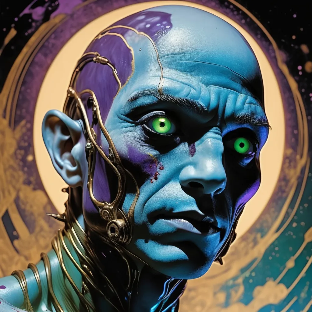 Prompt: Double-exposure; close up view of glossy (abe sapien: 1.0) shot through the head; blood spatter; Pablo Amaringo; intense blacks, nighttime; sepia, amber, golden brown, blue-grey, green, cold purple neon light; sergio toppi, jae lee, david mack, joe chiodo, humberto ramos, Makoto Shinkai, J.C. Leyendecker, ilya Kuvshinov, Royo, Karol Bak, Alphonse Mucha, Jordan Grimmer, Greg Rutkowski