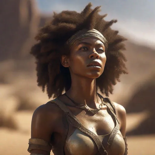Prompt: beautiful afro-elf-girl in the desert under the pouring sun, highly detailed face, hyper-realistic facial features, perfect anatomy in perfect composition of professional, long shot, sharp focus photography, cinematic 3d volumetric, dramatic lighting with backlit backlight, aiming down sights.