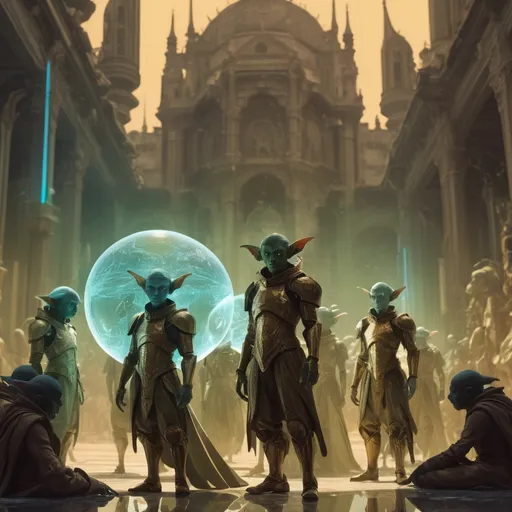 Prompt: double-exposure, low-angle panorama, group of glowering goblin-diplomats with elf-ears,  holographic orb, hud screens; arguing with (water genasi:1.0) diplomats, facing away from camera, dynamic poses, motion capture, varied military tailcoats, empire dresses, glass armor; sepia, amber, golden brown, YInMn-blue, green, blacklight; detailed, cinematic, photorealistic, maximalist; ambient occlusion, dramatic lighting, ray tracing, beautiful composition, deep depth of view; sergio toppi, jae lee, david mack, joe chiodo, humberto ramos, Makoto Shinkai, J.C. Leyendecker, ilya Kuvshinov, Royo, Karol Bak, Alphonse Mucha, Jordan Grimmer, Greg Rutkowski