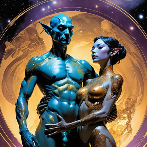 Prompt: Double-exposure; low-angle; panoramic, zoomed out, full body view of glossy (abe sapiens: 1.0) and (amber-skinned elf-soldiers:1.3) embracing, intertwined, intermixing into a singly body; holographic astral cosmic illustration mixed media; Pablo Amaringo; intense blacks, nighttime; sepia, amber, golden brown, blue-grey, green, cold purple neon light; sergio toppi, jae lee, david mack, joe chiodo, humberto ramos, Makoto Shinkai, J.C. Leyendecker, ilya Kuvshinov, Royo, Karol Bak, Alphonse Mucha, Jordan Grimmer, Greg Rutkowski