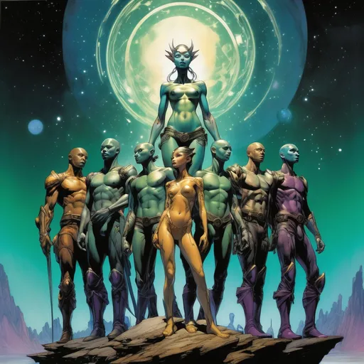 Prompt: Double-exposure; low-angle; panoramic, zoomed out, full body view of group of glossy (abe sapiens: 1.0) and group of (amber-skinned elf-soldiers:1.3) embracing, entangled, intertwined, intermixing into a singly body; holographic astral cosmic illustration mixed media; Pablo Amaringo; intense blacks, nighttime; sepia, amber, golden brown, blue-grey, green, cold purple neon light; sergio toppi, jae lee, david mack, joe chiodo, humberto ramos, Makoto Shinkai, J.C. Leyendecker, ilya Kuvshinov, Royo, Karol Bak, Alphonse Mucha, Jordan Grimmer, Greg Rutkowski