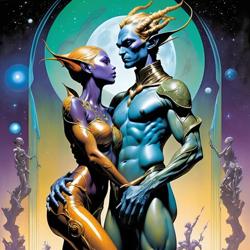 Prompt: Double-exposure; low-angle; panoramic, zoomed out, full body view of glossy (abe sapiens: 1.0) and (amber-skinned elf-soldiers:1.3) embracing, entangled, intertwined, intermixing into a singly body; holographic astral cosmic illustration mixed media; Pablo Amaringo; intense blacks, nighttime; sepia, amber, golden brown, blue-grey, green, cold purple neon light; sergio toppi, jae lee, david mack, joe chiodo, humberto ramos, Makoto Shinkai, J.C. Leyendecker, ilya Kuvshinov, Royo, Karol Bak, Alphonse Mucha, Jordan Grimmer, Greg Rutkowski