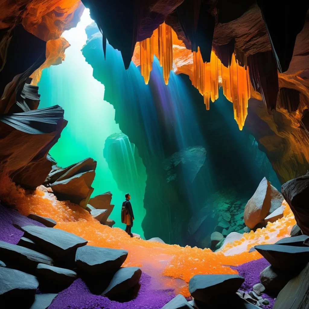 Prompt: Double exposure; ceiling view of Mexican cave full of feldspar crystals, glowing orange, waterfalls, intense blacks, exposed_rocks with black layer; waxy_purple_amber_green , detailed, futuristic, photorealistic, maximalist; Makoto Shinkai, J.C. Leyendecker, ilya Kuvshinov, Royo, Karol Bak, Alphonse Mucha, Jordan Grimmer, Greg Rutkowski