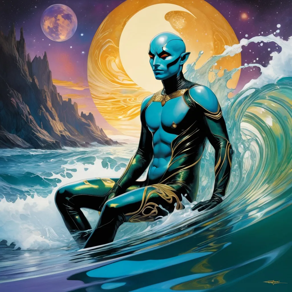 Prompt: Double-exposure; low-angle; panoramic, zoomed out, full body view of an (( glossy (abe sapien: 1.0) in the waves)) completely melding, in a coccoon with ((a glossy (amber-skinned elf-soldier:1.3); merging bodies, ooze, silk strands, webs of gunk; holographic astral cosmic illustration mixed media; Pablo Amaringo; intense blacks, nighttime; sepia, amber, golden brown, blue-grey, green, cold purple neon light; sergio toppi, jae lee, david mack, joe chiodo, humberto ramos, Makoto Shinkai, J.C. Leyendecker, ilya Kuvshinov, Royo, Karol Bak, Alphonse Mucha, Jordan Grimmer, Greg Rutkowski