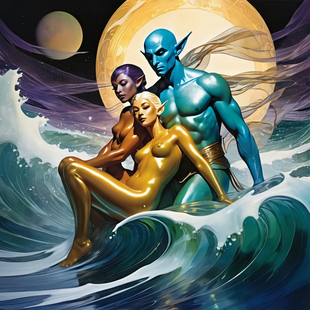 Prompt: Double-exposure; high-angle; panoramic, zoomed out, full body view of a ((a glossy (amber-skinned elf-soldier:1.3))) completely melding, in a cocoon with (( glossy (abe sapien: 1.0) in the waves)); (merging bodies, ooze, silk strands, webs of gunk:1.3); holographic astral cosmic illustration mixed media; Pablo Amaringo; intense blacks, nighttime; sepia, amber, golden brown, blue-grey, green, cold purple neon light; sergio toppi, jae lee, david mack, joe chiodo, humberto ramos, Makoto Shinkai, J.C. Leyendecker, ilya Kuvshinov, Royo, Karol Bak, Alphonse Mucha, Jordan Grimmer, Greg Rutkowski