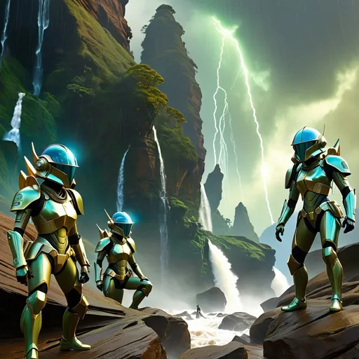 Prompt: double-exposure, low-angle panorama, glossy army of goblin-troopers with elf-ears, amassed on high cliff, facing camera, waves, rain, motion capture, varied futuristic exosuits and helmets, waterfall; sepia, amber, golden brown, blue-grey, green, cold purple neon; detailed, cinematic, photorealistic, maximalist; ambient occlusion, dramatic lighting, ray tracing, beautiful composition, deep depth of view; sergio toppi, jae lee, david mack, joe chiodo, humberto ramos, Makoto Shinkai, J.C. Leyendecker, ilya Kuvshinov, Royo, Karol Bak, Alphonse Mucha, Jordan Grimmer, Greg Rutkowski