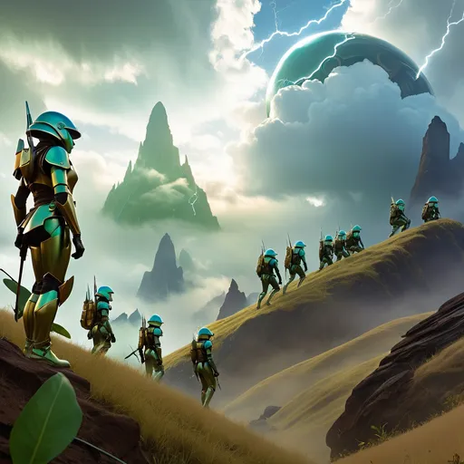 Prompt: double-exposure, low-angle panorama, glossy army of goblin-troopers with elf-ears, amassed on hilltop, facing away from camera, rain, motion capture, varied futuristic exosuits and helmets, dramatic clouds and lightning; sepia, amber, golden brown, blue-grey, green, cold purple neon; detailed, cinematic, photorealistic, maximalist; ambient occlusion, dramatic lighting, ray tracing, beautiful composition, deep depth of view; sergio toppi, jae lee, david mack, joe chiodo, humberto ramos, Makoto Shinkai, J.C. Leyendecker, ilya Kuvshinov, Royo, Karol Bak, Alphonse Mucha, Jordan Grimmer, Greg Rutkowski