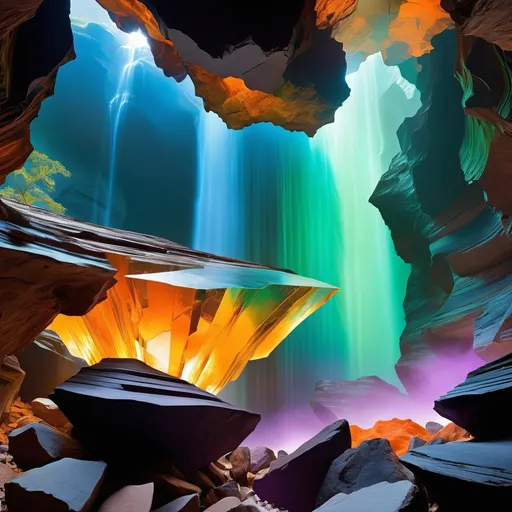 Prompt: Double exposure; ceiling view of Mexican cave full of feldspar crystals, glowing orange, waterfalls, intense blacks, exposed_rocks with black layer; waxy_purple_amber_green , detailed, futuristic, photorealistic, maximalist; Makoto Shinkai, J.C. Leyendecker, ilya Kuvshinov, Royo, Karol Bak, Alphonse Mucha, Jordan Grimmer, Greg Rutkowski