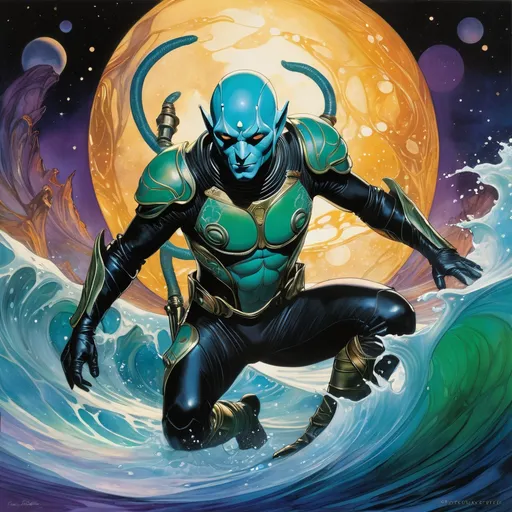 Prompt: Double-exposure; low-angle; panoramic, zoomed out, full body view of an (( glossy (abe sapien: 1.0) in the waves)) completely melding, in a coccoon with ((a glossy (amber-skinned elf-soldier:1.3); merging bodies, ooze, silk strands, webs of gunk; holographic astral cosmic illustration mixed media; Pablo Amaringo; intense blacks, nighttime; sepia, amber, golden brown, blue-grey, green, cold purple neon light; sergio toppi, jae lee, david mack, joe chiodo, humberto ramos, Makoto Shinkai, J.C. Leyendecker, ilya Kuvshinov, Royo, Karol Bak, Alphonse Mucha, Jordan Grimmer, Greg Rutkowski