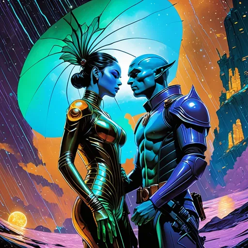 Prompt: Double-exposure; low-angle; panoramic, zoomed out, full body view of an (( glossy (abe sapien: 1.0) in the rain)) merging and coccooning with ((a glossy (amber-skinned elf-soldier:1.3) into its body; holographic astral cosmic illustration mixed media; Pablo Amaringo; intense blacks, nighttime; sepia, amber, golden brown, blue-grey, green, cold purple neon light; sergio toppi, jae lee, david mack, joe chiodo, humberto ramos, Makoto Shinkai, J.C. Leyendecker, ilya Kuvshinov, Royo, Karol Bak, Alphonse Mucha, Jordan Grimmer, Greg Rutkowski