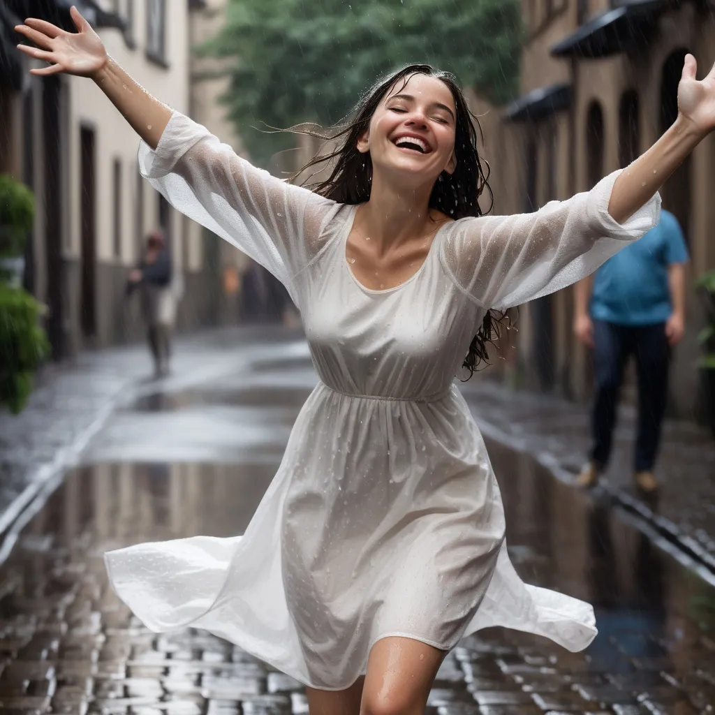 Prompt: A realistic woman dancing joyfully in the rain on a cobblestone street, her arms outstretched and face turned upwards, smiling. She has shoulder-length, wavy dark hair that's slightly wet and clinging to her face and neck. She wears a simple, flowing white dress that clings slightly from the rain, with raindrops visible on the fabric and glistening in the soft, natural light. Her bare feet splash in shallow puddles, sending tiny water droplets into the air around her. The sky is overcast, casting a gentle, diffused gray light over the scene. Raindrops are falling all around, creating a misty, dream-like atmosphere. The background shows blurred, subtle hints of trees and lampposts, adding depth without detracting from the focus on her joyful dance