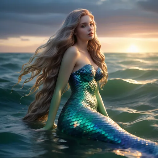 Prompt: A realistic mermaid in the open sea at sunset, with long, wavy hair flowing in the ocean breeze, green with hints of blue. Her skin is soft and pale with a subtle pearlescent glow, and her tail is large, covered in iridescent scales in shades of green and blue. She is partially submerged, her arms resting on the water, with a serene and mysterious expression. The sky behind is tinted with orange and purple as the sun sets on the horizon. Small water droplets sparkle around her, catching the sunset light. Gentle waves and foam form around her, with a few seagulls flying in the distance. Natural lighting highlights the details of her scales and the deep green sparkle in her eyes.