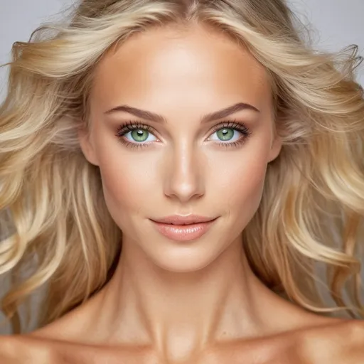 Prompt: the most beaufiul woman with angel face, green eyes, realistic looking, long blonde wavy hair, warm and comassionate, wise and understanding, does yoga, has beauful radiant skin. perfect teeth. i want it to look like a real photo takenm with a camera