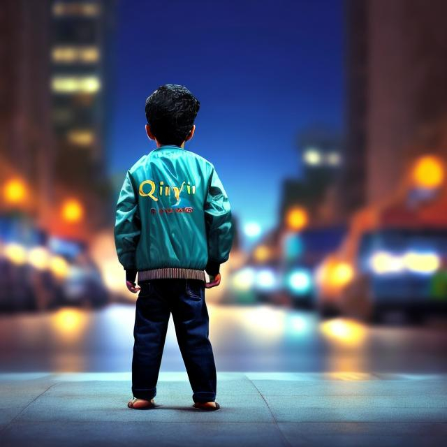 Prompt: A boy name is Tahir looking to city at night wearing a jacket Tahir name on jacket 

