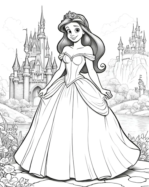 Prompt: B&W coloring book page, as a toon in disney classic art style, Super-Detailed, full body, Ariel Disney Princess, castle in background, line art, solid white background