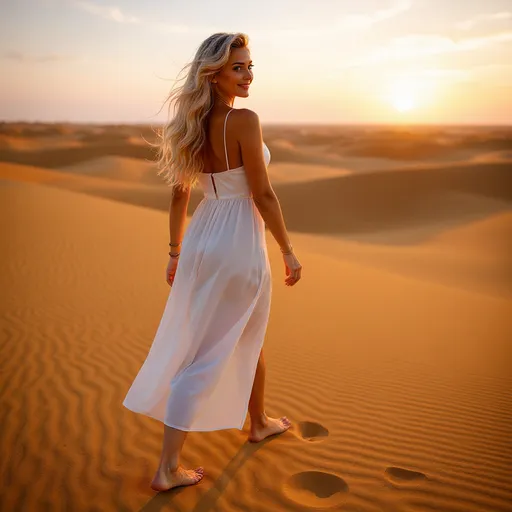 Prompt: Same character details. Location: desert sand dunes at sunset. Outfit: flowing white boho maxi dress, barefoot, subtle bracelets. Pose/angle: walking along a dune ridge, dress and hair blowing, head turned back toward camera with soft smile; high-angle three-quarter to show sweeping landscape. Lighting: warm golden sunset. Camera: Fujifilm X-T30, 35mm, ~f/2.0, realistic skin texture, no filters.