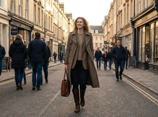 Prompt: Tall young woman walking down the high street, detailed clothing, realistic, natural lighting