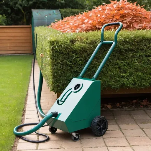 Prompt: triangular box with 4 wheels attached to it, it is a vacuum device with a hose to collect the leaves in a garden