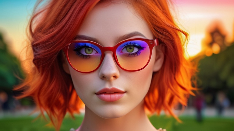 Prompt: Digital art of a beautiful woman with red hair, stunning eyes, wearing stylish red glasses, colorful dress, sunset at a beautiful park, high quality, digital painting, vibrant colors, detailed eyes, romantic atmosphere