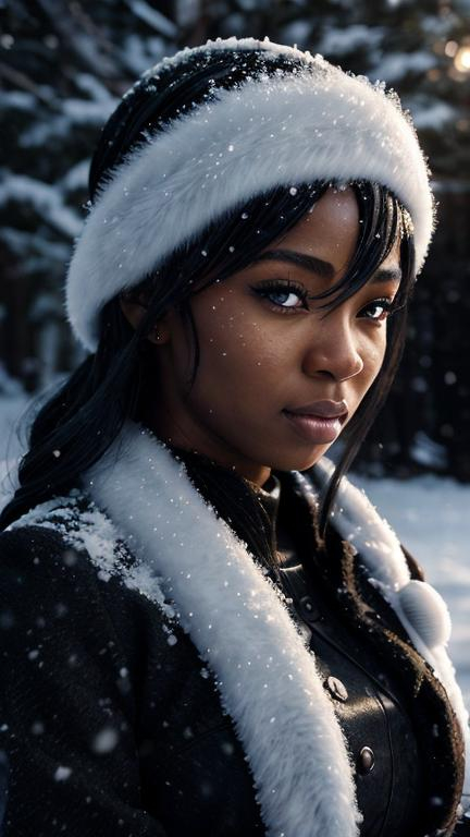 Prompt: Anime illustration of "Lee Lemon", winter theme, beautiful black queen, snow-covered landscape, detailed facial features, highres, anime, winter, detailed eyes, snow, black queen, professional, atmospheric lighting