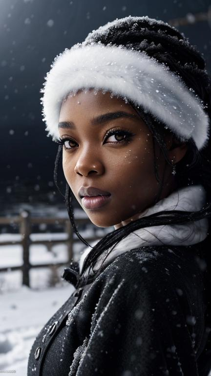 Prompt: Anime illustration of "Lee Lemon", winter theme, beautiful black queen, snow-covered landscape, detailed facial features, highres, anime, winter, detailed eyes, snow, black queen, professional, atmospheric lighting