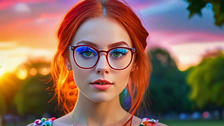 Prompt: Digital art of a beautiful woman with red hair, stunning eyes, wearing stylish red glasses, colorful dress, sunset at a beautiful park, high quality, digital painting, vibrant colors, detailed eyes, romantic atmosphere