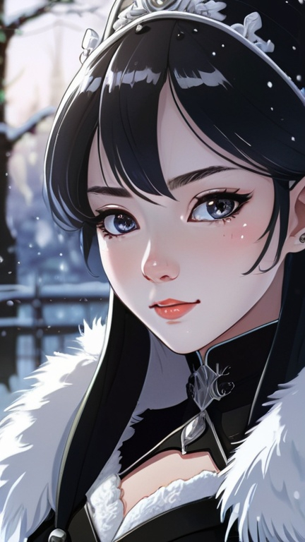 Prompt: Anime illustration of "Lee Lemon", winter theme, beautiful black queen, snow-covered landscape, detailed facial features, highres, anime, winter, detailed eyes, snow, black queen, professional, atmospheric lighting