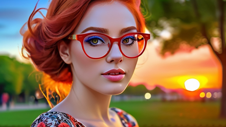 Prompt: Digital art of a beautiful woman with red hair, stunning eyes, wearing stylish red glasses, colorful dress, sunset at a beautiful park, high quality, digital painting, vibrant colors, detailed eyes, romantic atmosphere