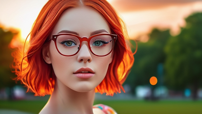 Prompt: Digital art of a beautiful woman with red hair, stunning eyes, wearing stylish red glasses, colorful dress, sunset at a beautiful park, high quality, digital painting, vibrant colors, detailed eyes, romantic atmosphere