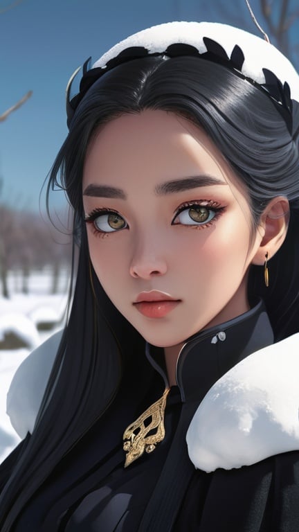 Prompt: Anime illustration of "Lee Lemon", winter theme, beautiful black queen, snow-covered landscape, detailed facial features, highres, anime, winter, detailed eyes, snow, black queen, professional, atmospheric lighting