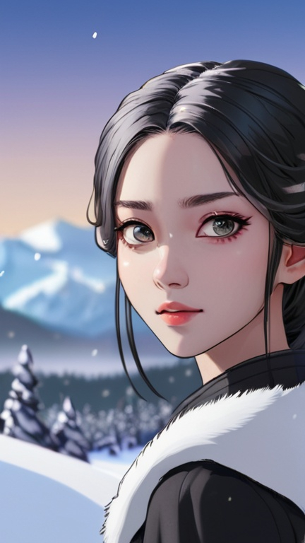 Prompt: Anime illustration of "Lee Lemon", winter theme, beautiful black queen, snow-covered landscape, detailed facial features, highres, anime, winter, detailed eyes, snow, black queen, professional, atmospheric lighting