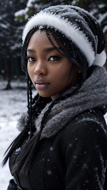 Prompt: Anime illustration of "Lee Lemon", winter theme, beautiful black queen, snow-covered landscape, detailed facial features, highres, anime, winter, detailed eyes, snow, black queen, professional, atmospheric lighting