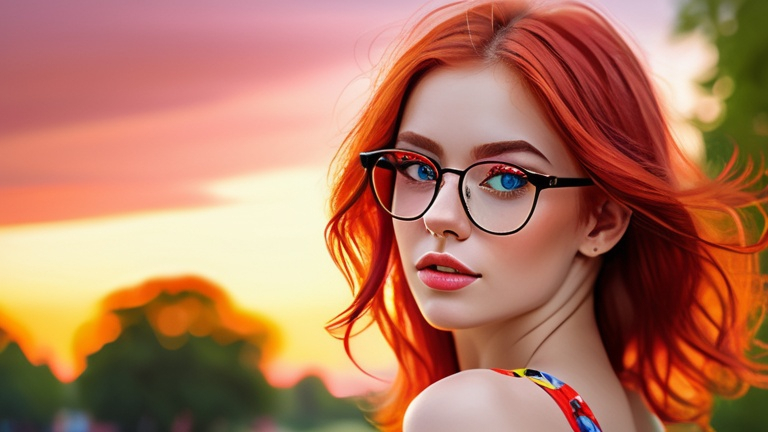 Prompt: Digital art of a beautiful woman with red hair, stunning eyes, wearing stylish red glasses, colorful dress, sunset at a beautiful park, high quality, digital painting, vibrant colors, detailed eyes, romantic atmosphere