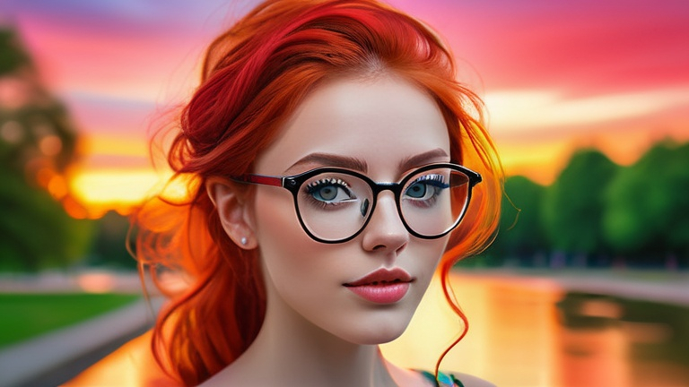 Prompt: Digital art of a beautiful woman with red hair, stunning eyes, wearing stylish red glasses, colorful dress, sunset at a beautiful park, high quality, digital painting, vibrant colors, detailed eyes, romantic atmosphere